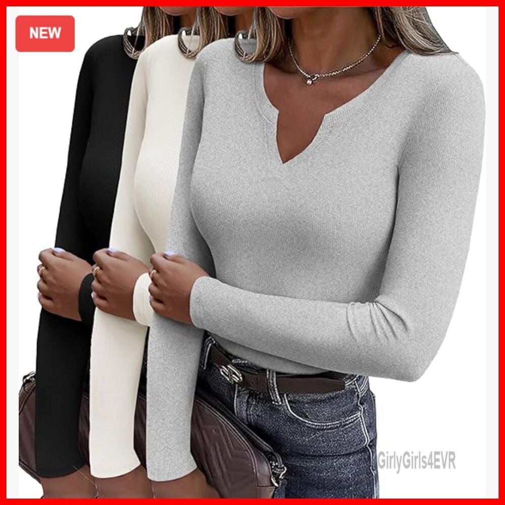 Long Sleeve V-Neck Rib Knit Slim Fit Stretch Tee Tunic Top